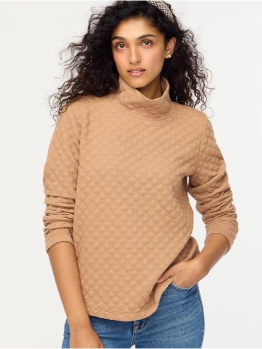 J. Crew Quilted Mock Neck Sweater in Camel